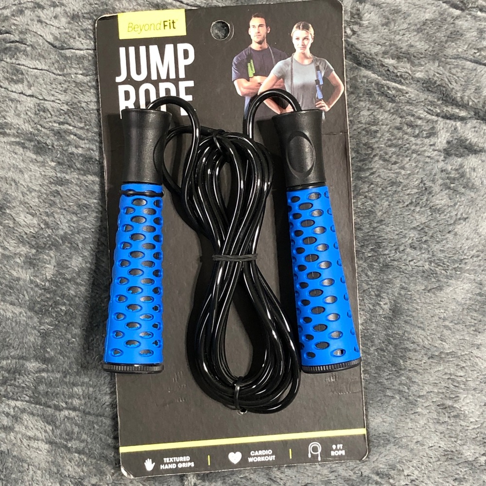 Beyond Fit Jump Rope Unisex 9 Ft Blue Black Textured Grips Cardio‎ Workout 1108